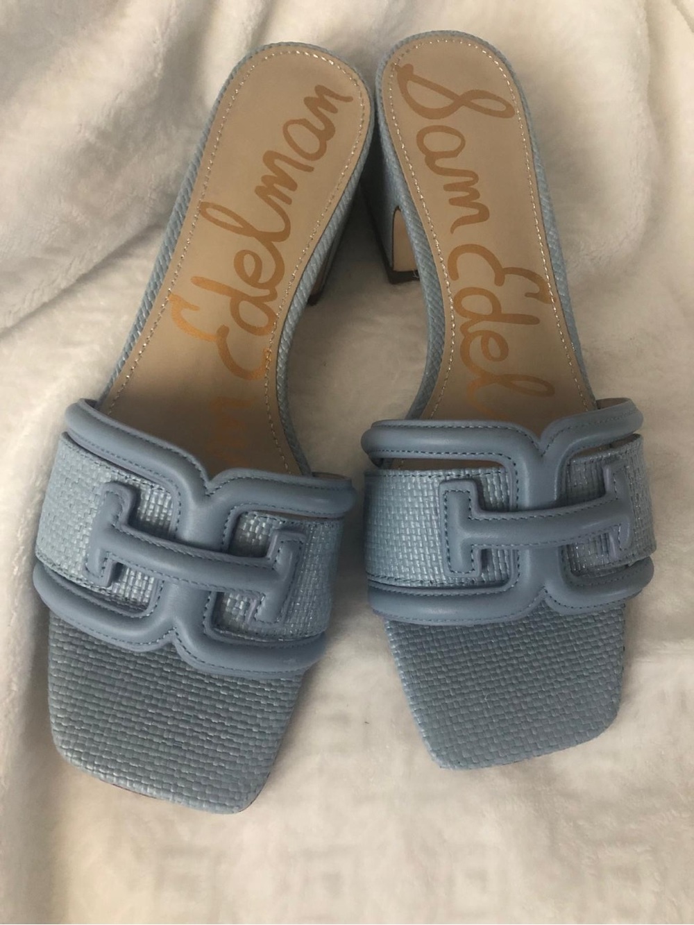 Sam Edelman Powder Blue Raffia Slide Mules